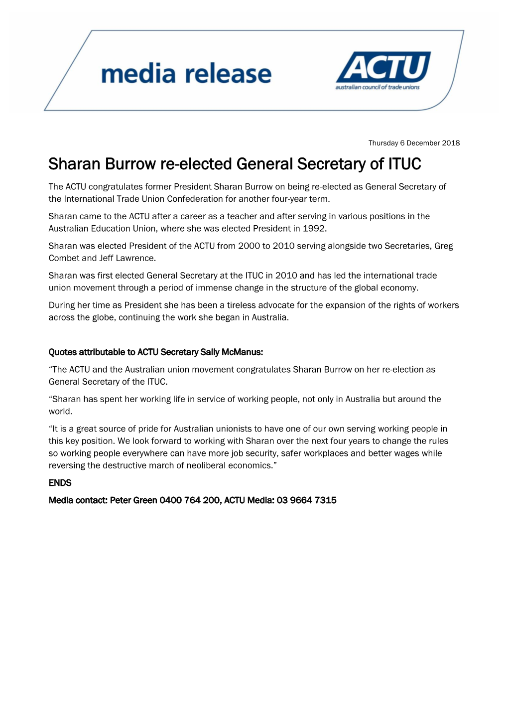 Sharan Burrow Re-Elected General Secretary of ITUC