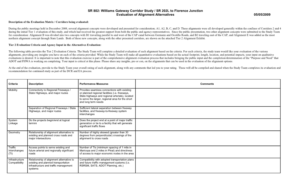 Description of the Evaluation Matrix / Corridors Being Evaluated