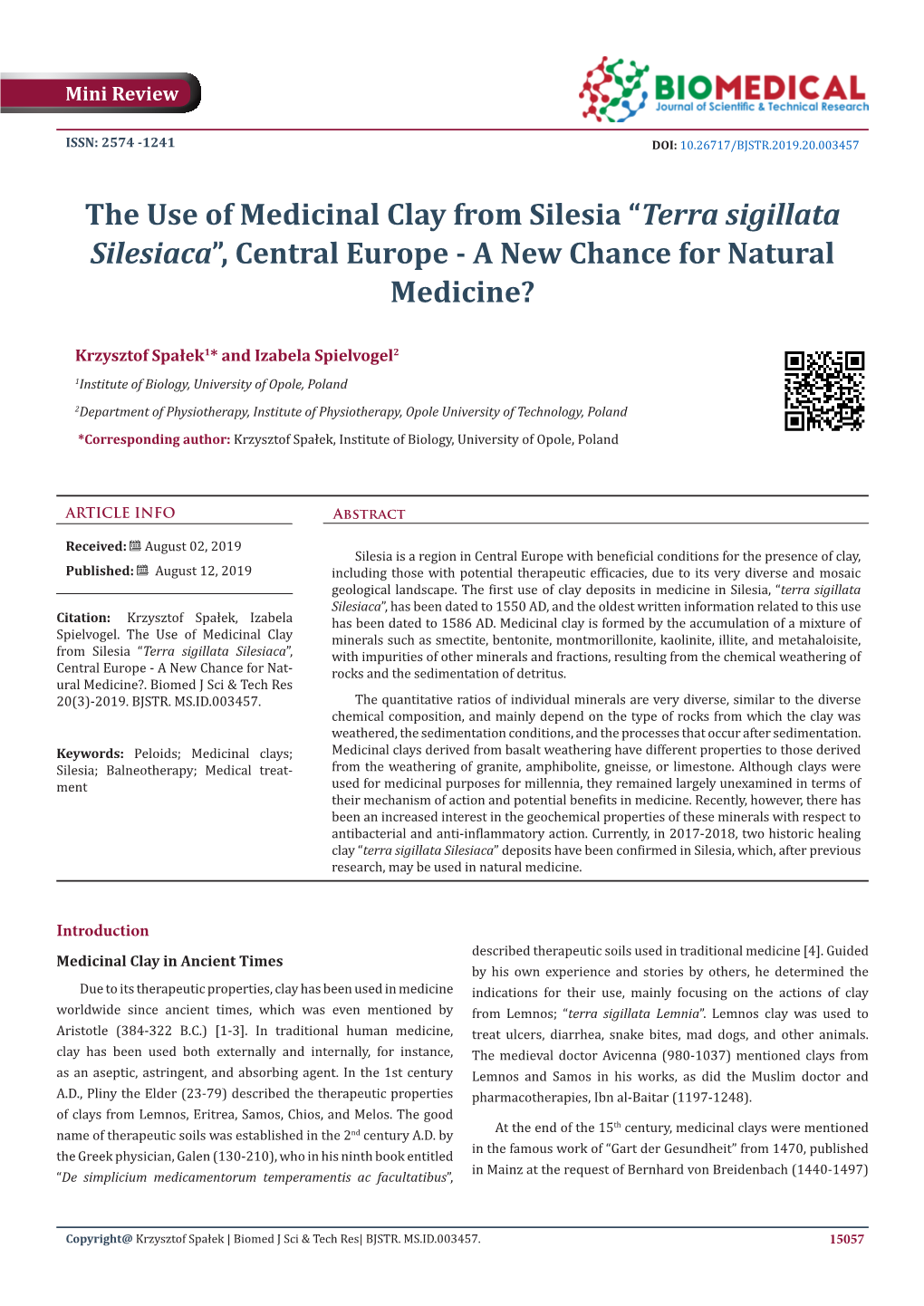 The Use of Medicinal Clay from Silesia “Terra Sigillata Silesiaca”, Central Europe - a New Chance for Natural Medicine?