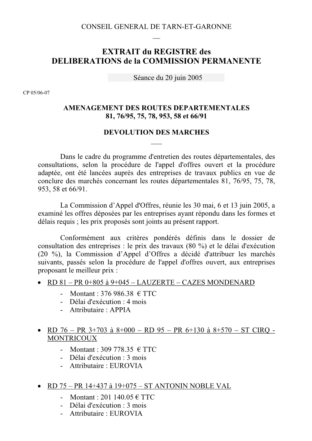 EXTRAIT Du REGISTRE Des DELIBERATIONS De La COMMISSION PERMANENTE