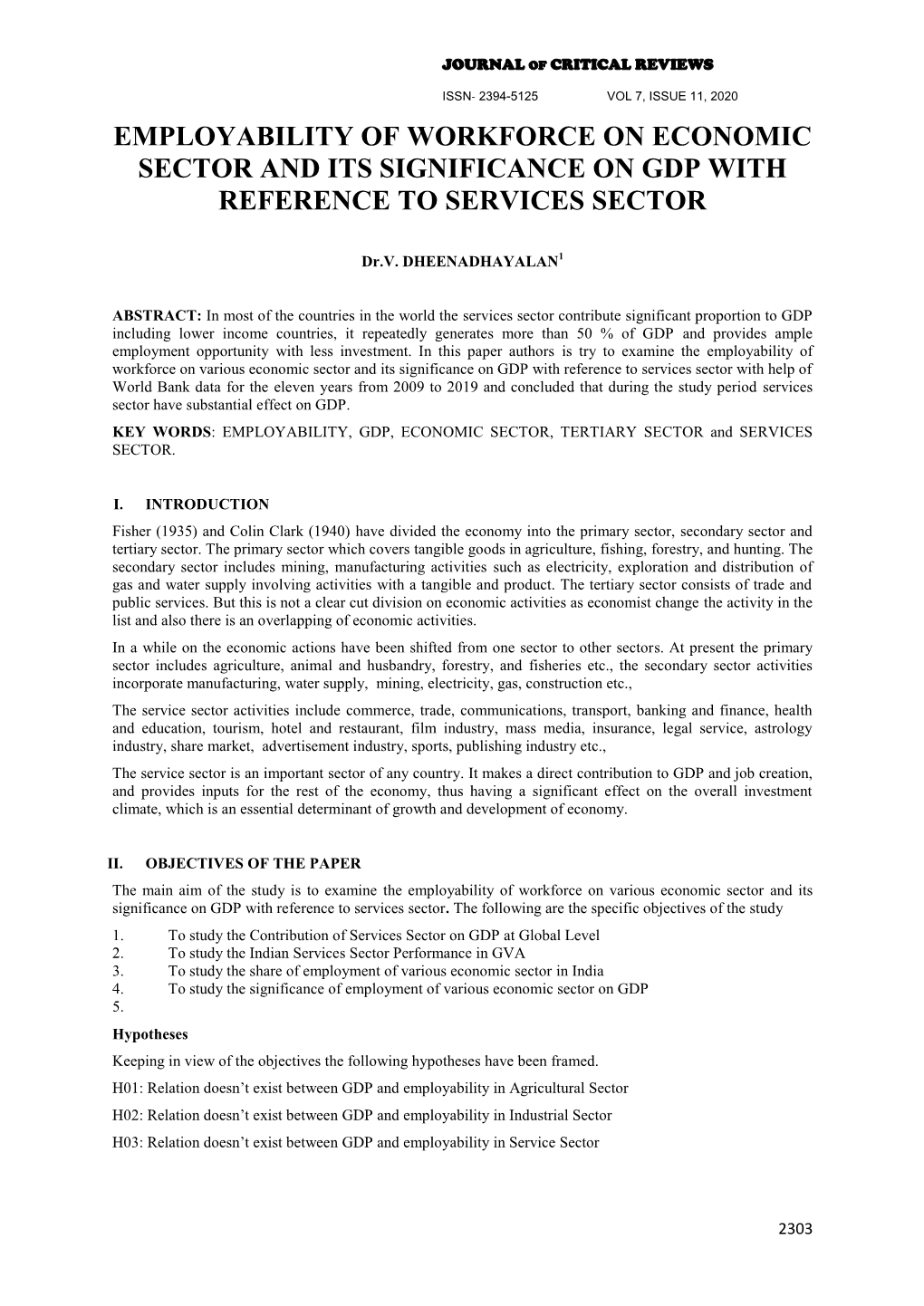 Employability of Workforce on Economic Sector and Its Significance on Gdp with Reference to Services Sector