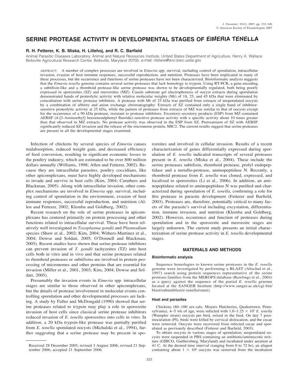 Serine Protease Activity in Developmental Stages of Eimeria Tenella