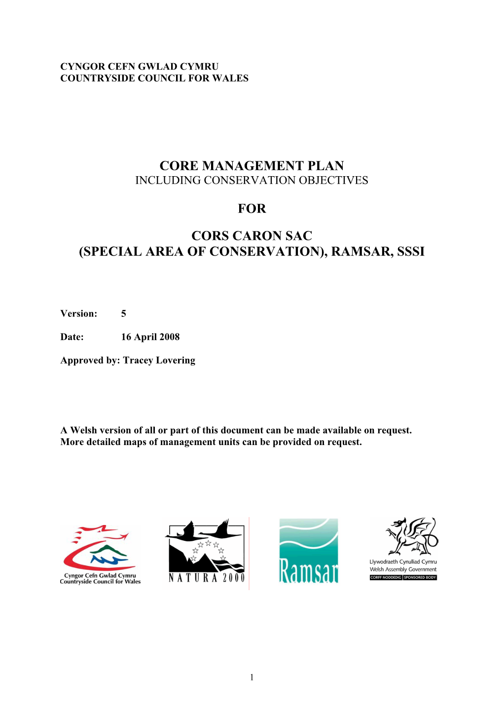 Core Management Plan for Cors Caron Sac (Special