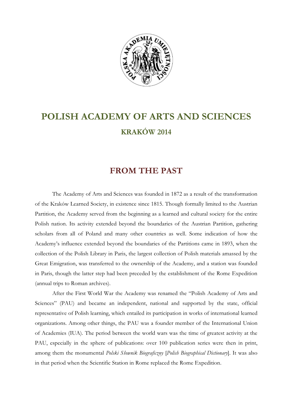 Polish Academy of Arts and Sciences Kraków 2014