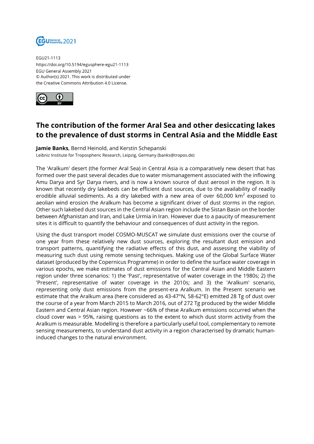 The Contribution of the Former Aral Sea and Other Desiccating Lakes to the Prevalence of Dust Storms in Central Asia and the Middle East