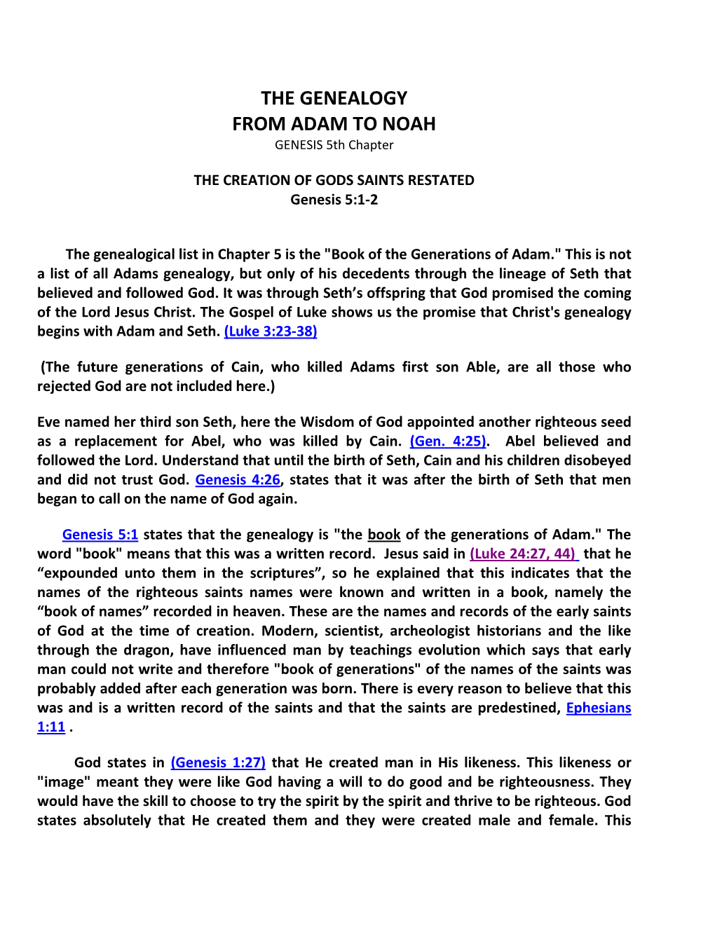 THE GENEALOGY from ADAM to NOAH GENESIS 5Th Chapter