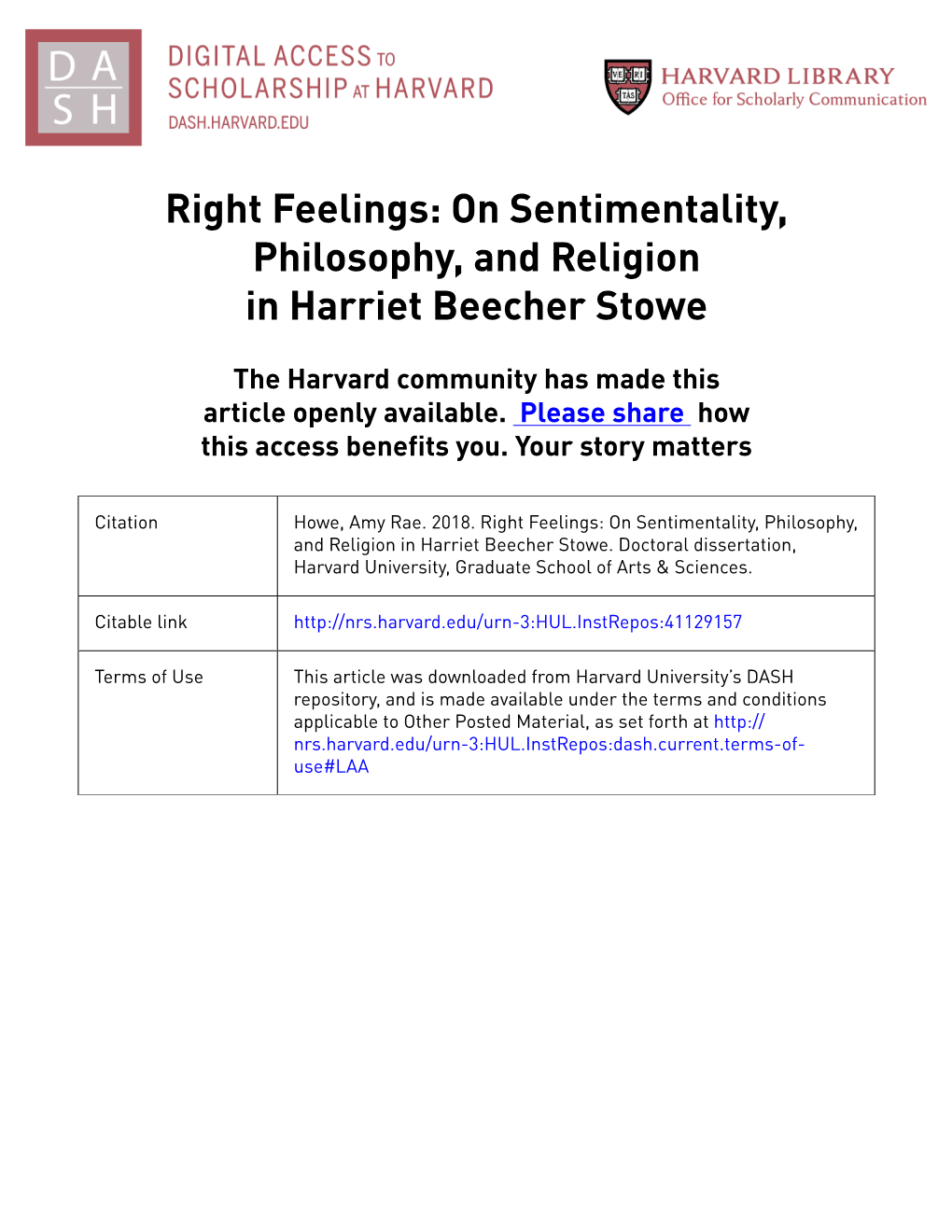 Right Feelings: on Sentimentality, Philosophy, and Religion in Harriet Beecher Stowe