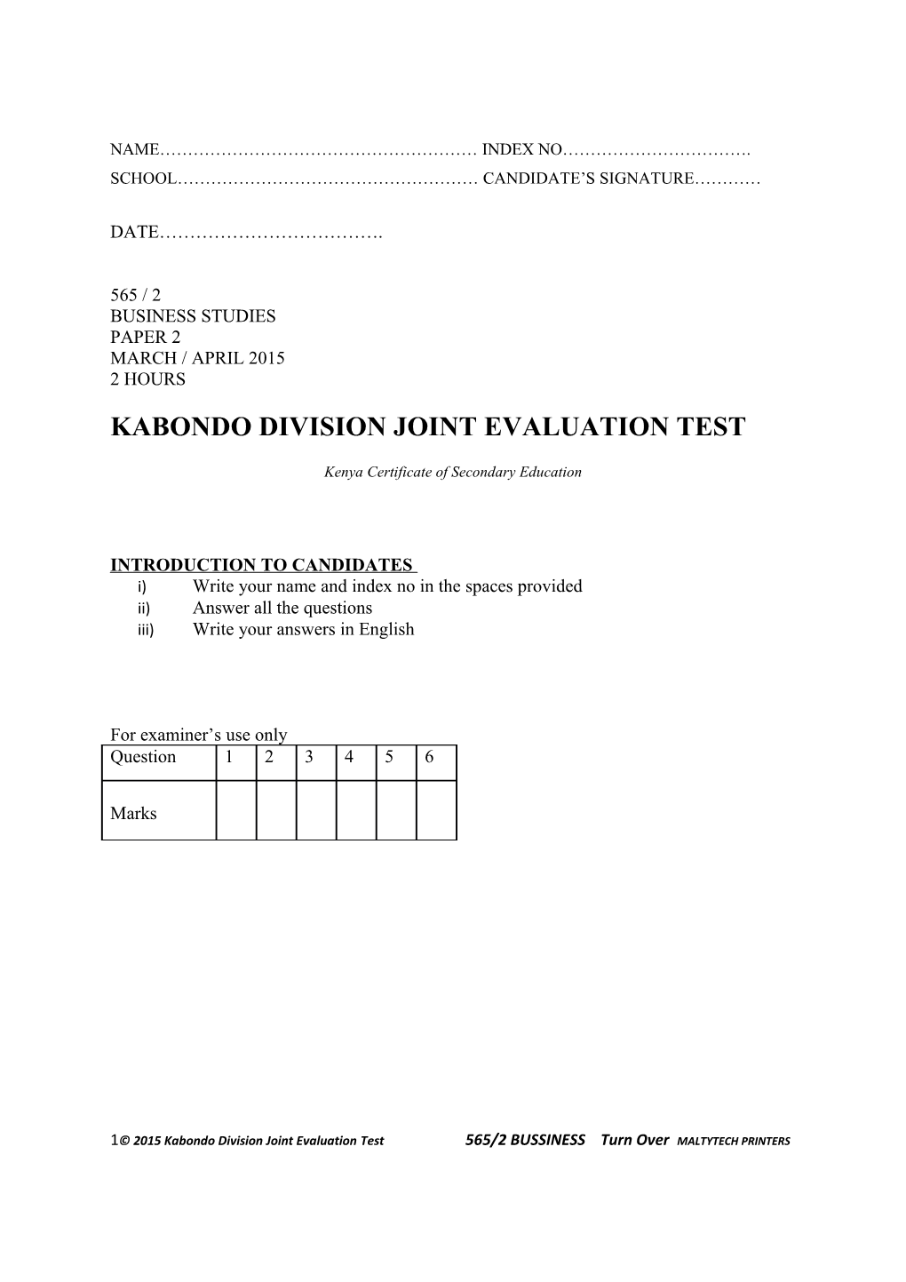 Kabondo Division Joint Evaluation Test