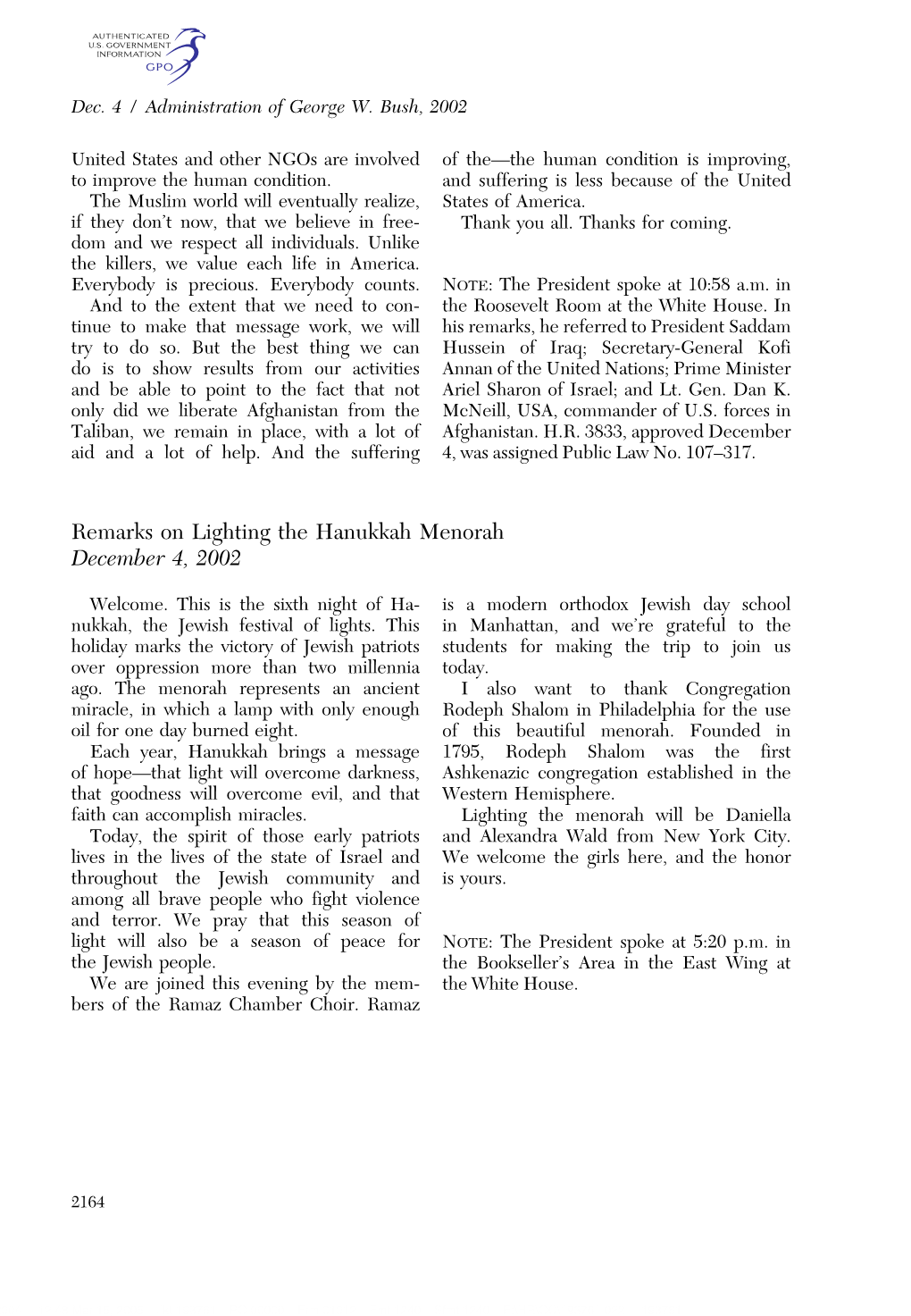 Remarks on Lighting the Hanukkah Menorah December 4, 2002