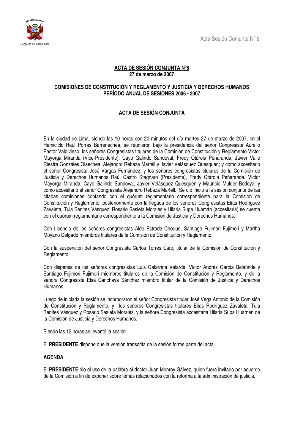 Acta Sesión Conjunta Nº 8 Congreso De La República