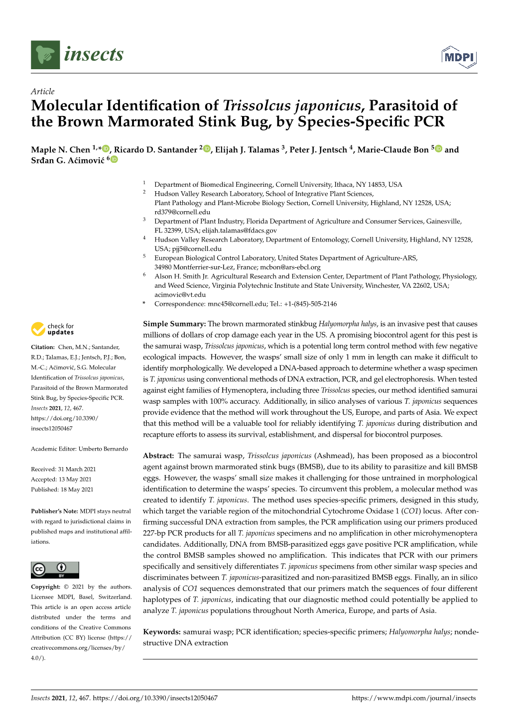 Molecular Identification of Trissolcus Japonicus, Parasitoid of the Brown