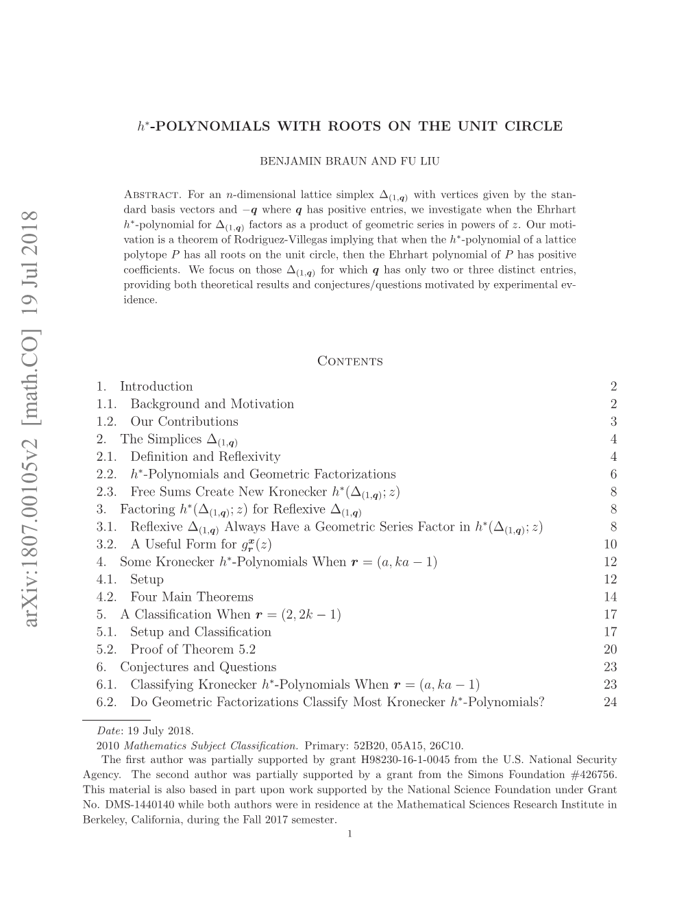 Arxiv:1807.00105V2 [Math.CO] 19 Jul 2018 O M-404 Hl Ohatoswr Nrsdnea H Mathe Semester