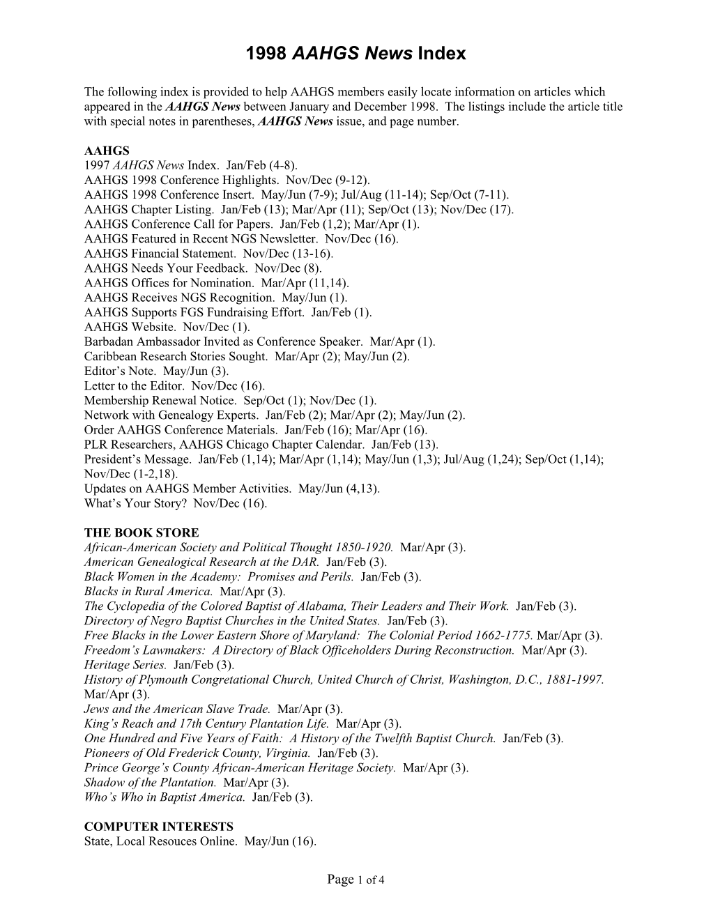 1998 AAHGS News Index