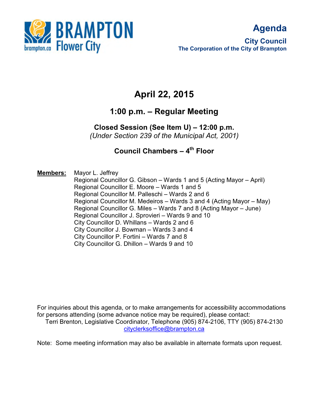 City Council Agenda for April 22, 2015