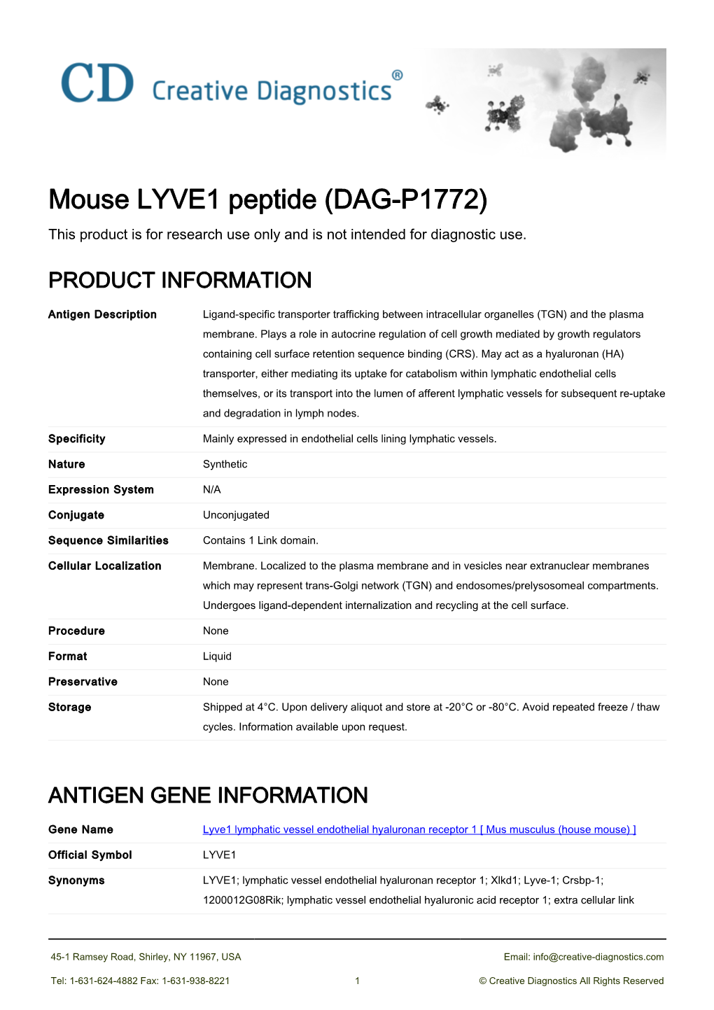 Mouse LYVE1 Peptide (DAG-P1772) This Product Is for Research Use Only and Is Not Intended for Diagnostic Use