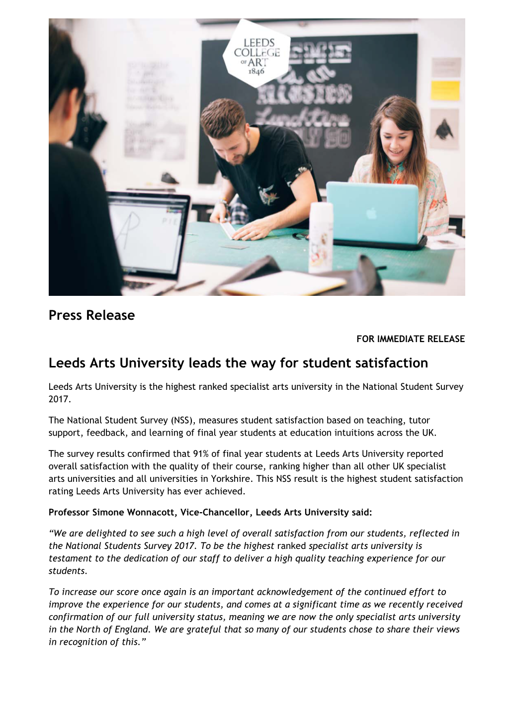 Press Release Leeds Arts University Leads the Way for Student Satisfaction