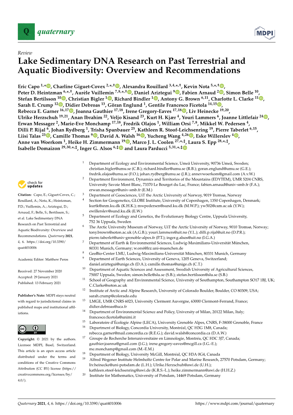 Lake Sedimentary DNA Research on Past Terrestrial and Aquatic Biodiversity: Overview and Recommendations