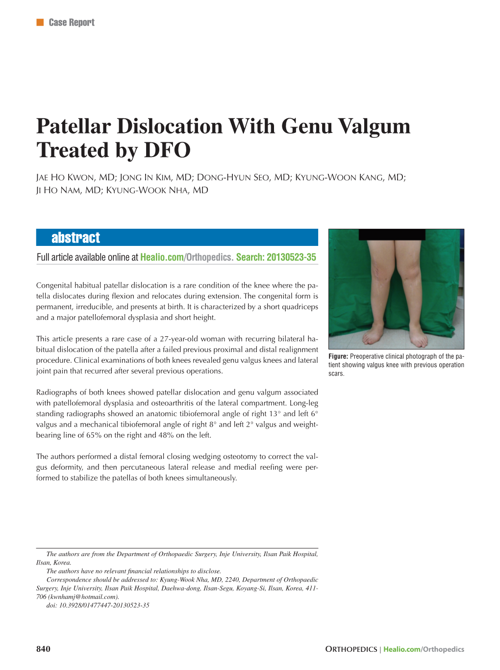 Patellar Dislocation with Genu Valgum Treated by DFO