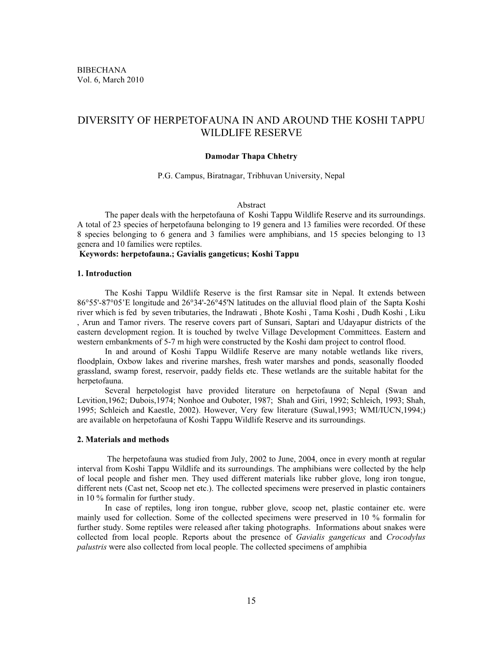 Diversity of Herpetofauna in and Around the Koshi Tappu Wildlife Reserve