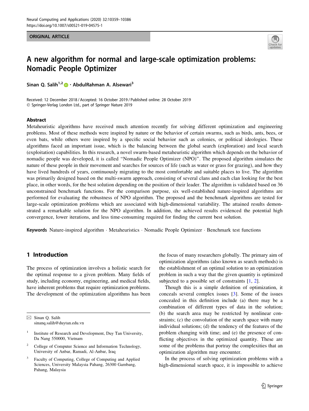 A New Algorithm for Normal and Large-Scale Optimization Problems: Nomadic People Optimizer