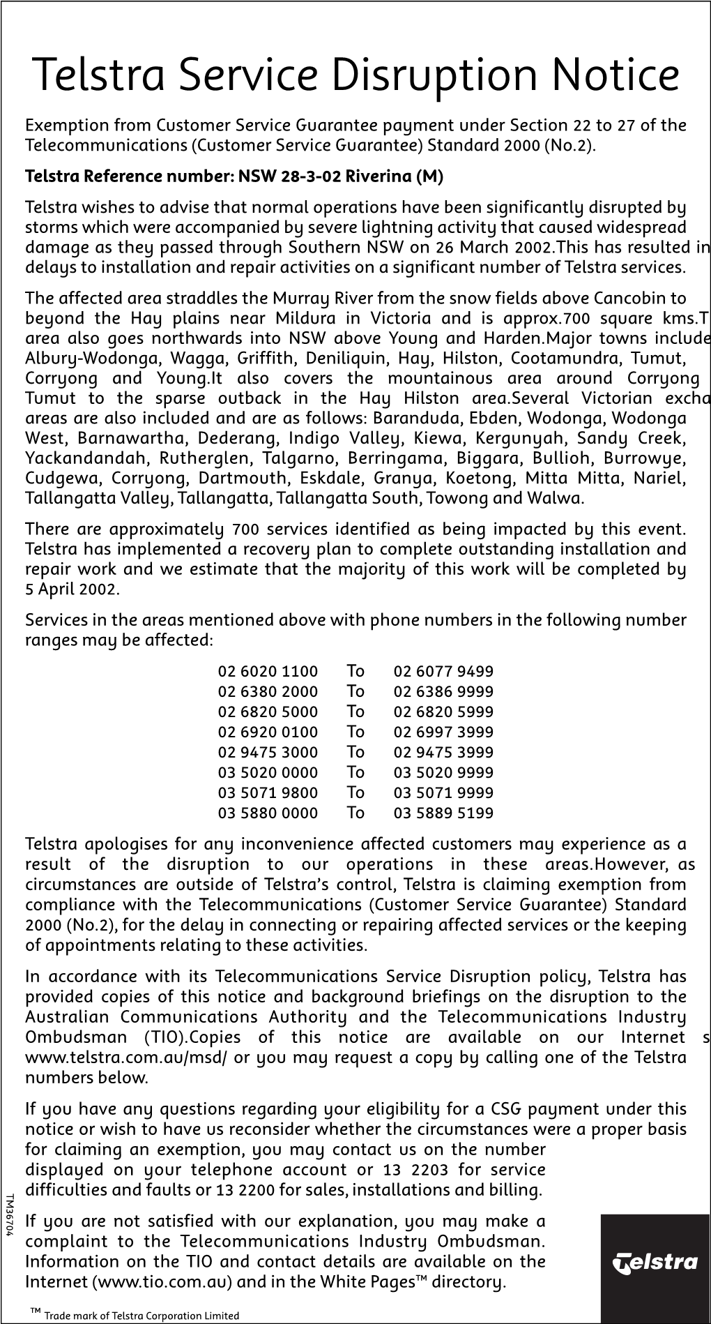 Telstra Service Disruption Notice