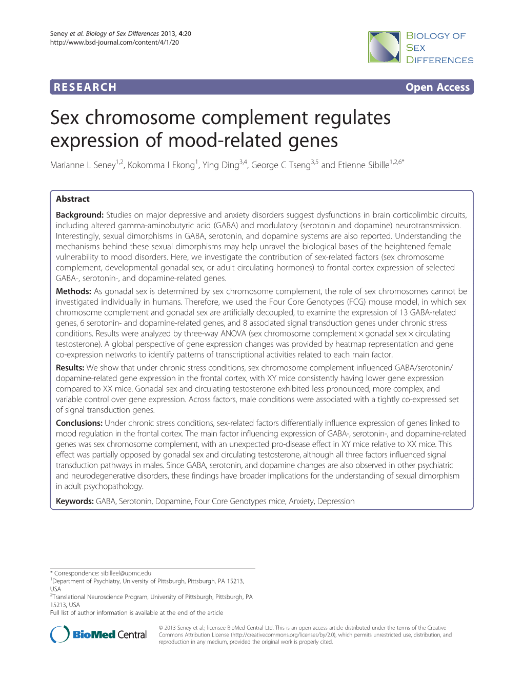 Sex Chromosome Complement Regulates Expression of Mood-Related Genes Marianne L Seney1,2, Kokomma I Ekong1, Ying Ding3,4, George C Tseng3,5 and Etienne Sibille1,2,6*