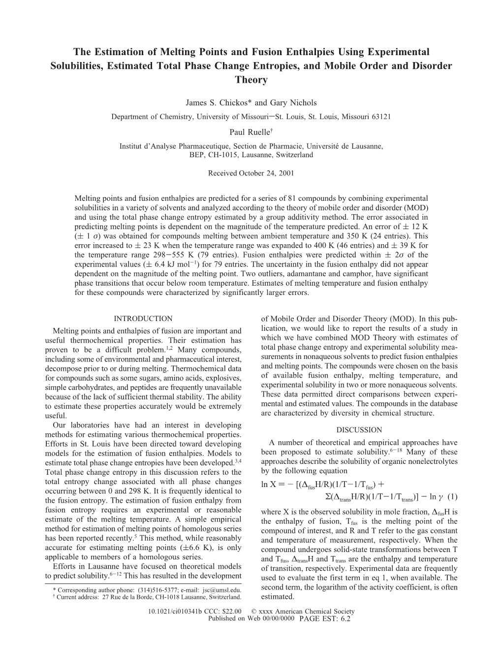 The Estimation of Melting Points and Fusion Enthalpies Using Experimental Solubilities, Estimated Total Phase Change Entropies, and Mobile Order and Disorder Theory