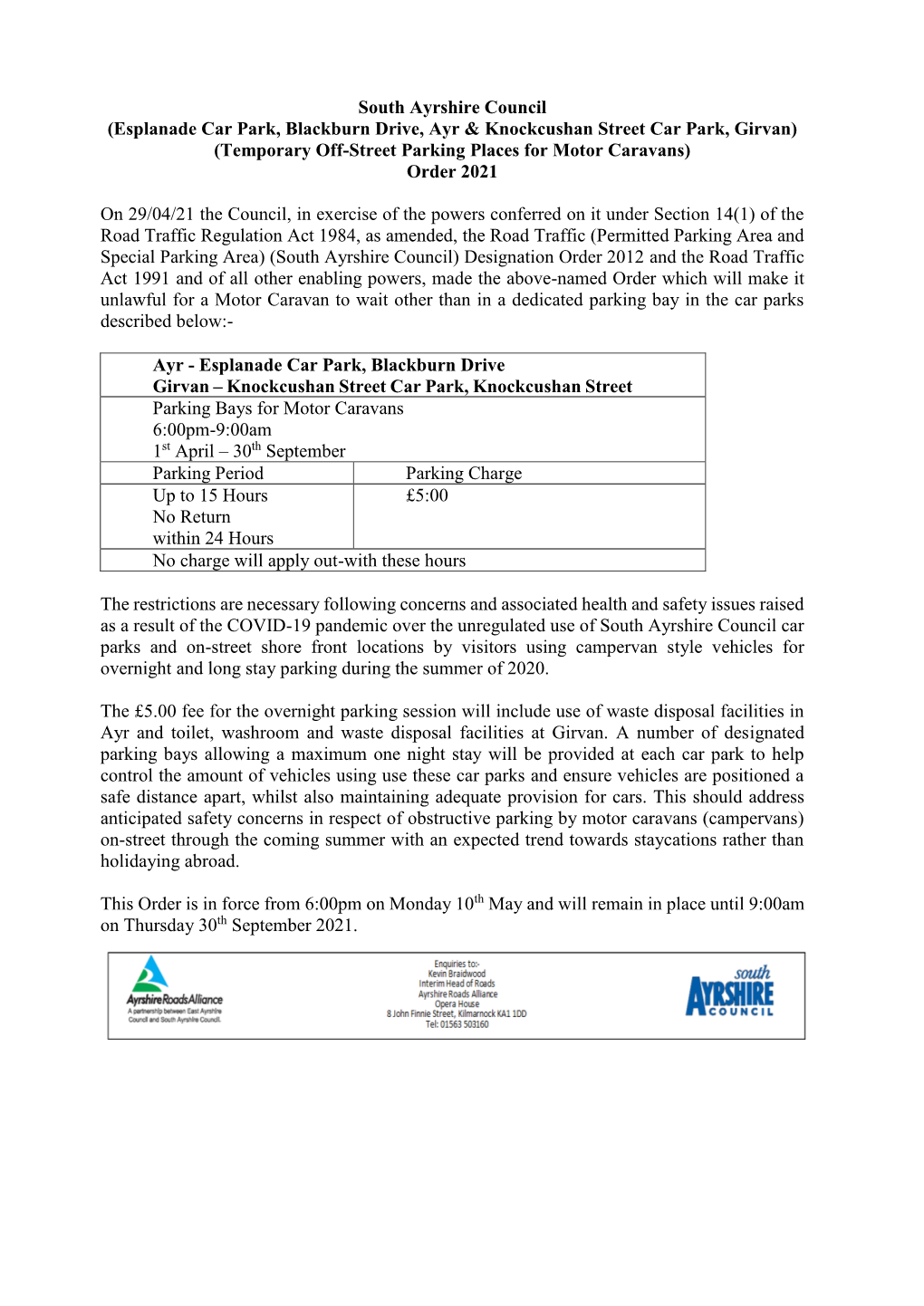 Ayr & Girvan Off-Street Car Parks Notification & Plan