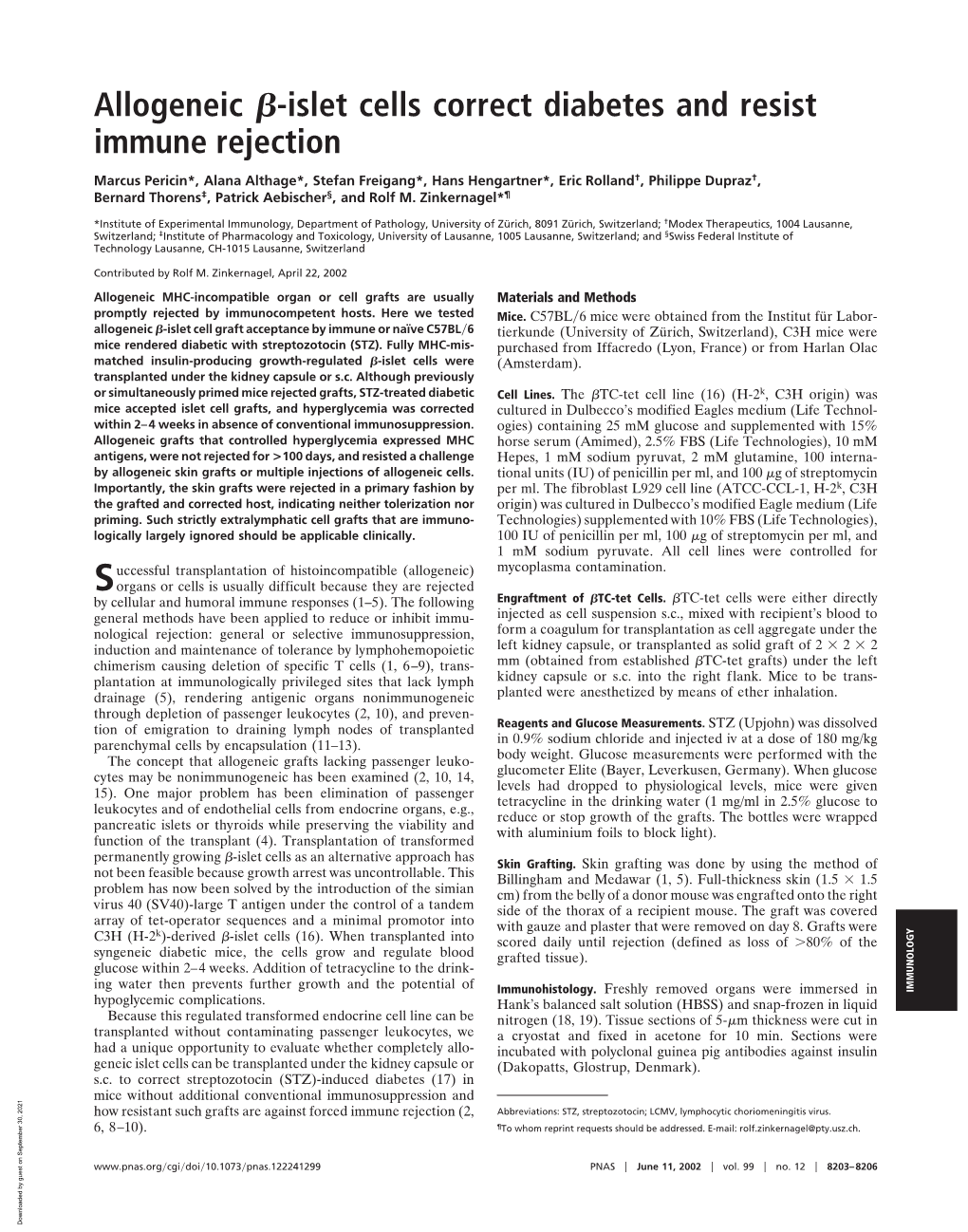 Allogeneic ß-Islet Cells Correct Diabetes and Resist Immune Rejection