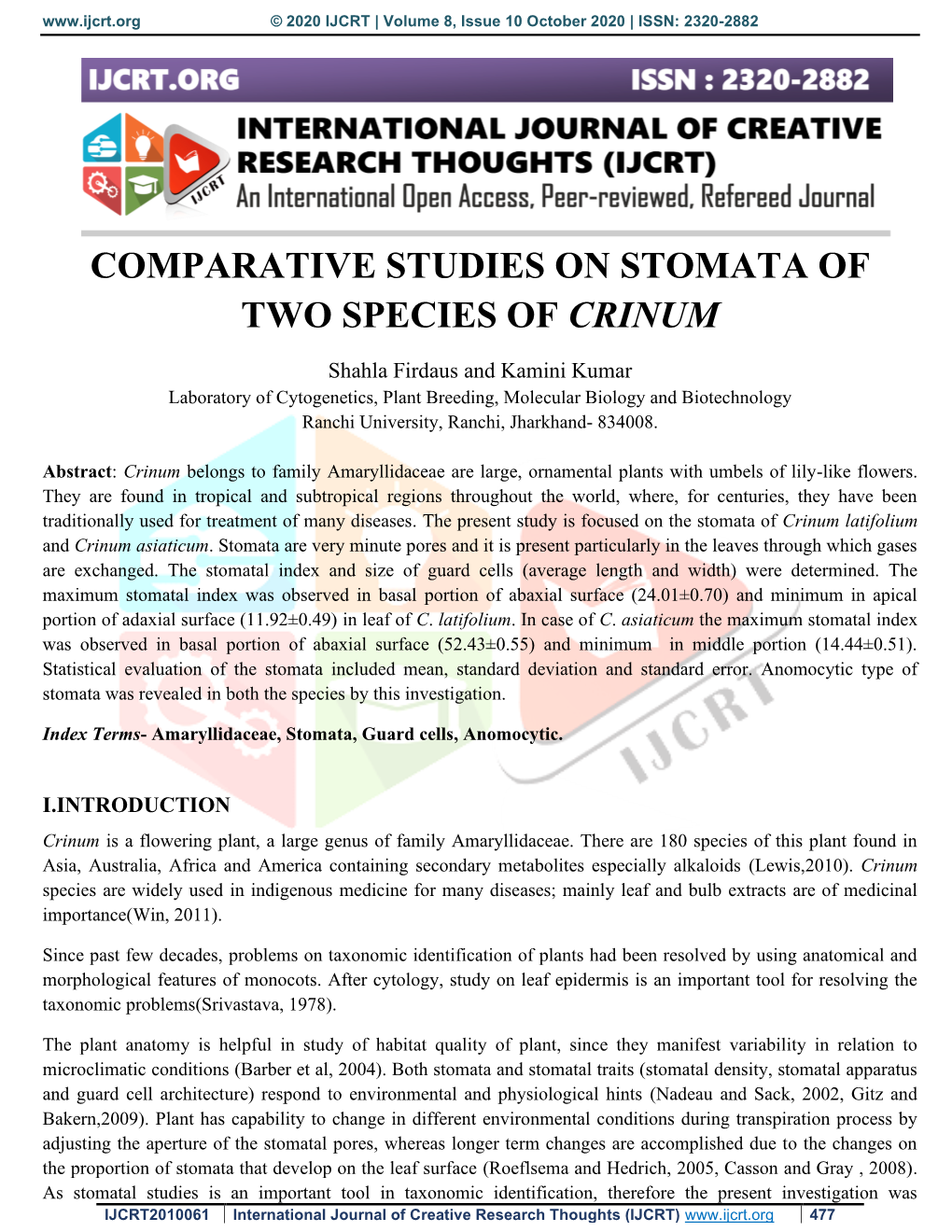 Comparative Studies on Stomata of Two Species of Crinum