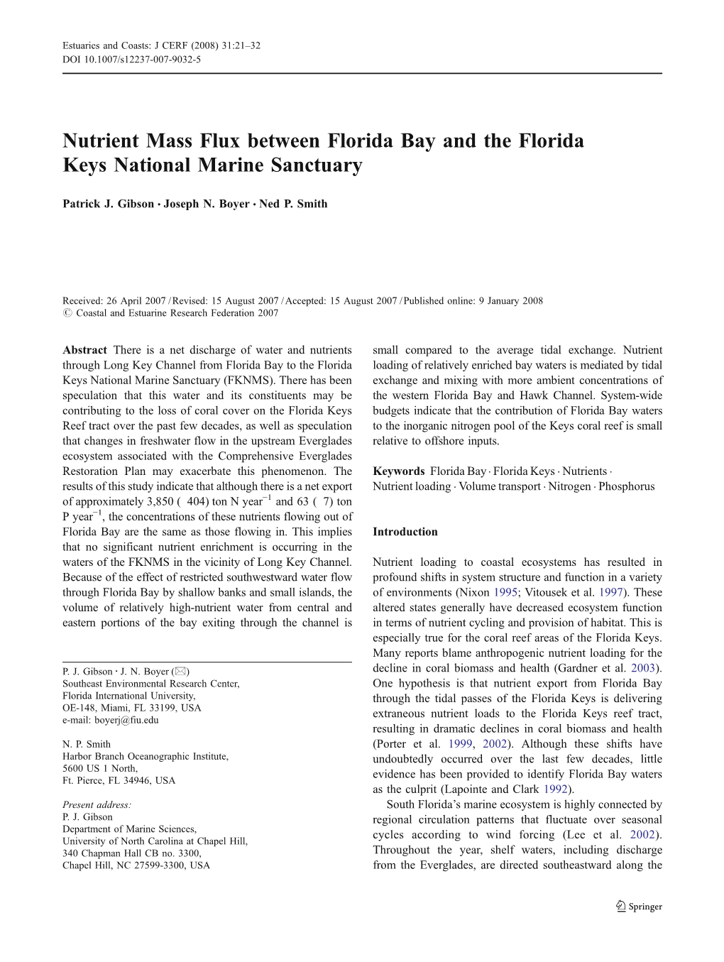 Nutrient Mass Flux Between Florida Bay and the Florida Keys National Marine Sanctuary