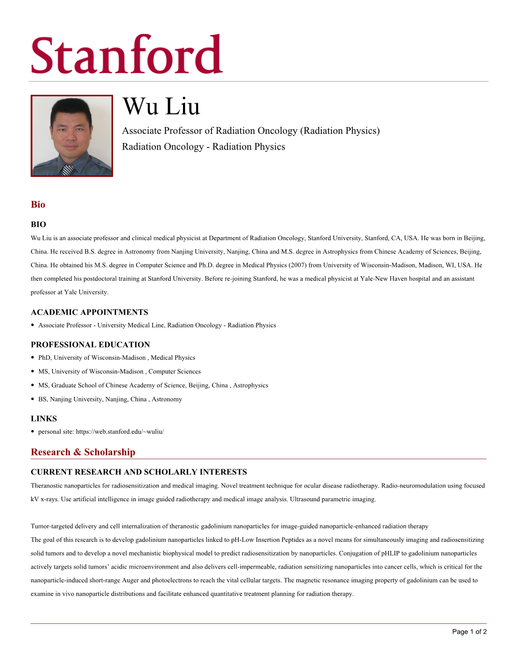 Wu Liu Associate Professor of Radiation Oncology (Radiation Physics) Radiation Oncology - Radiation Physics