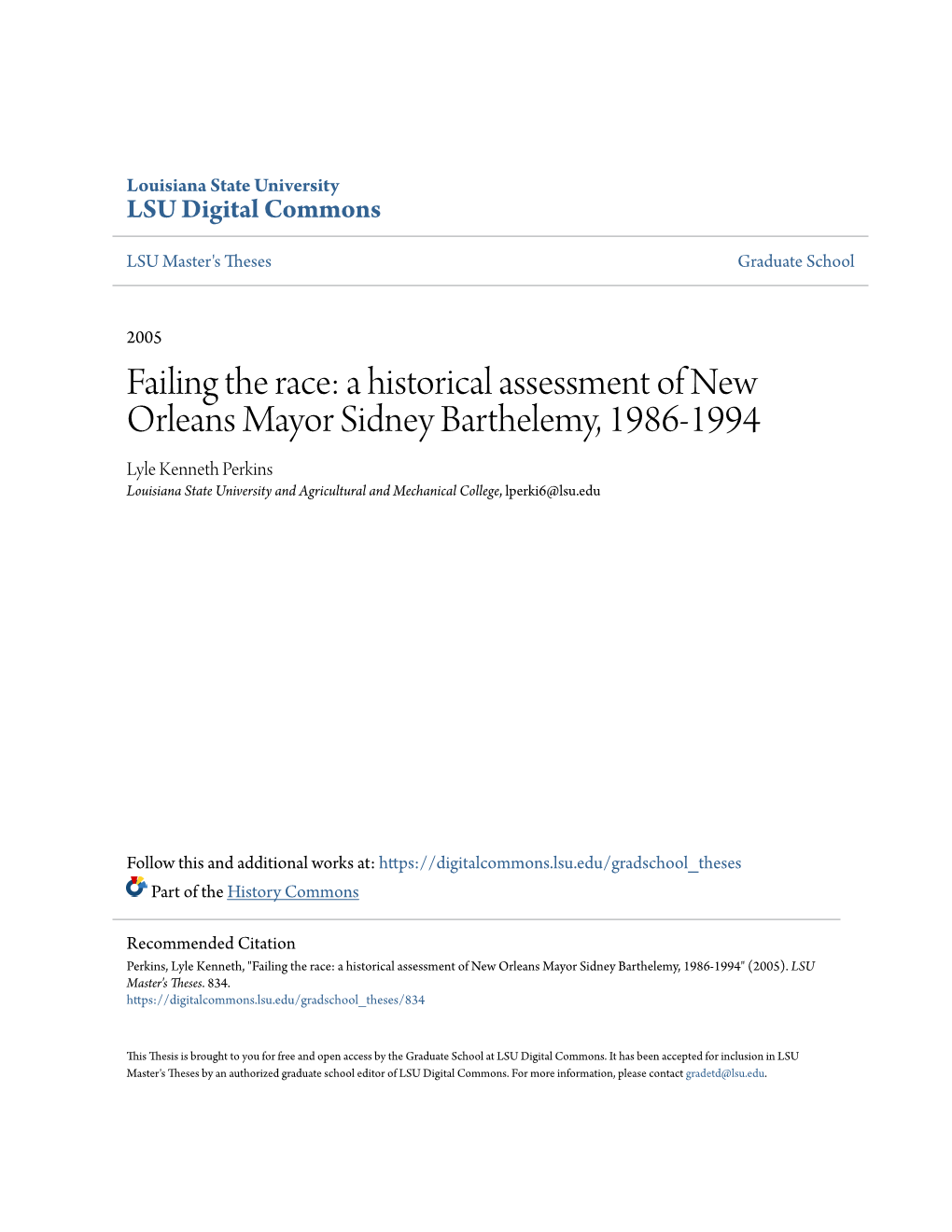 Failing the Race: a Historical Assessment of New Orleans Mayor