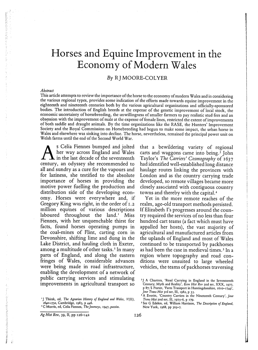 Horses and Equine Improvement Economy of Modern Wales In