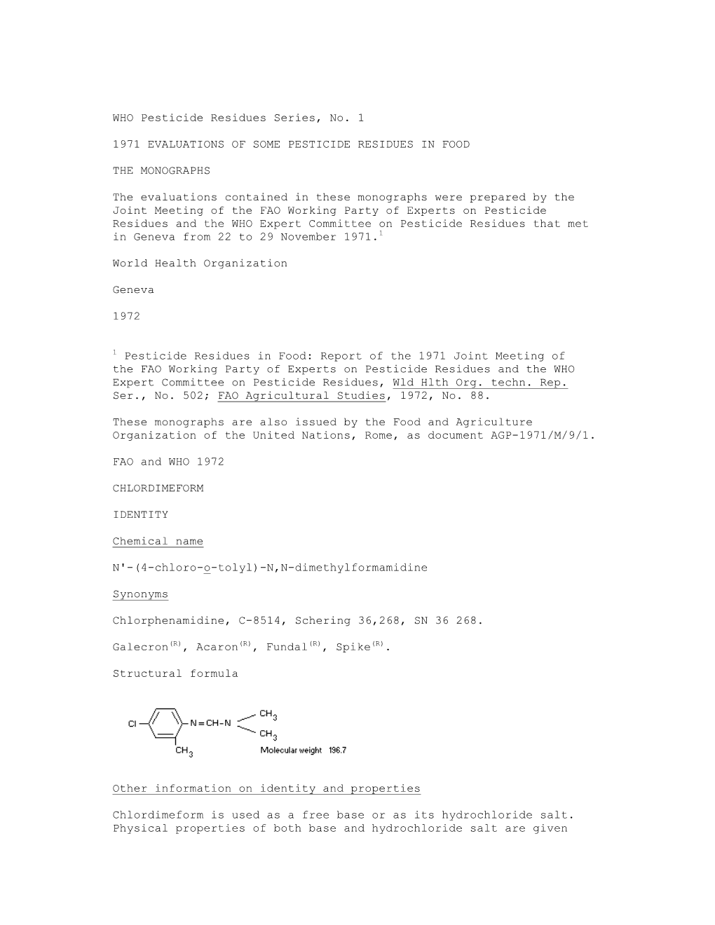 WHO Pesticide Residues Series, No. 1