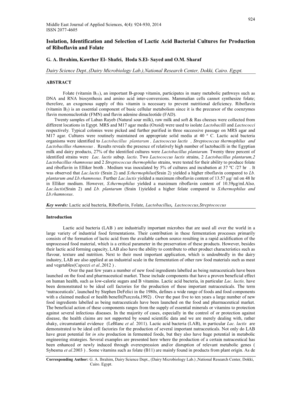 Isolation, Identification and Selection of Lactic Acid Bacterial Cultures for Production of Riboflavin and Folate