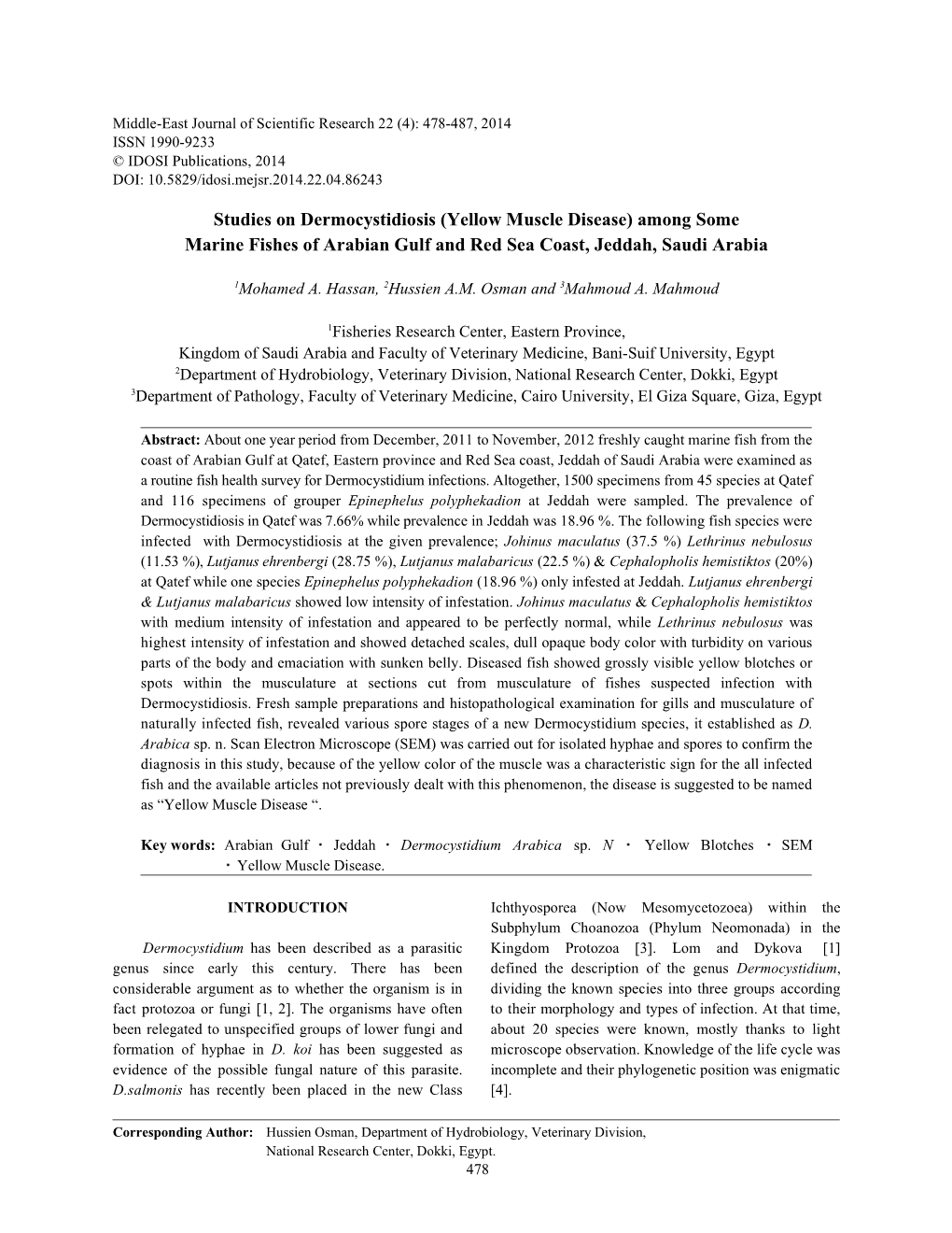 Studies on Dermocystidiosis (Yellow Muscle Disease) Among Some Marine Fishes of Arabian Gulf and Red Sea Coast, Jeddah, Saudi Arabia