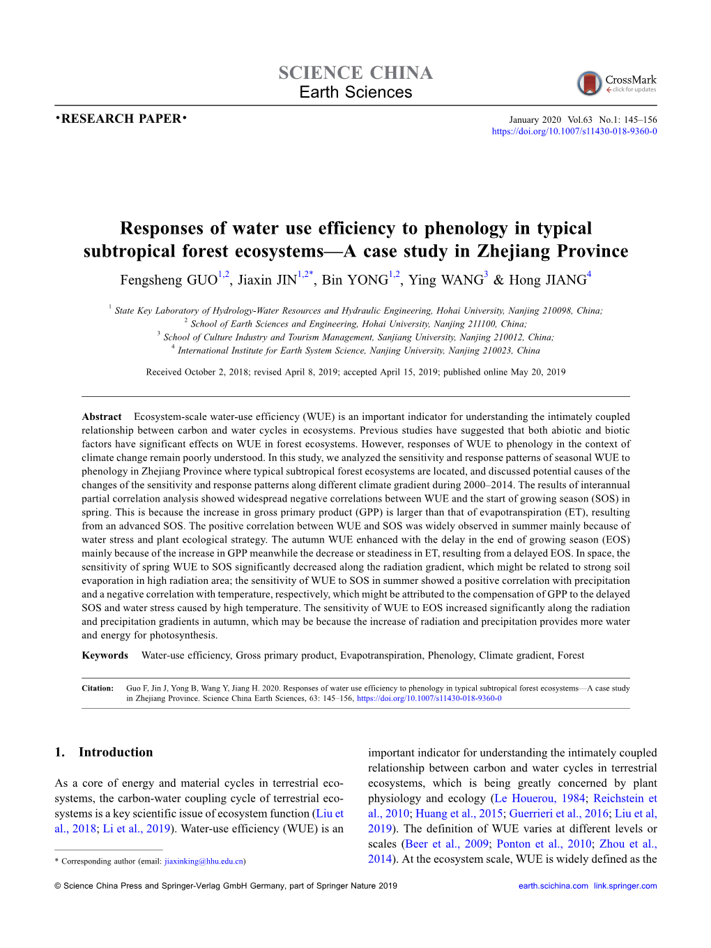 Responses of Water Use Efficiency to Phenology in Typical Subtropical