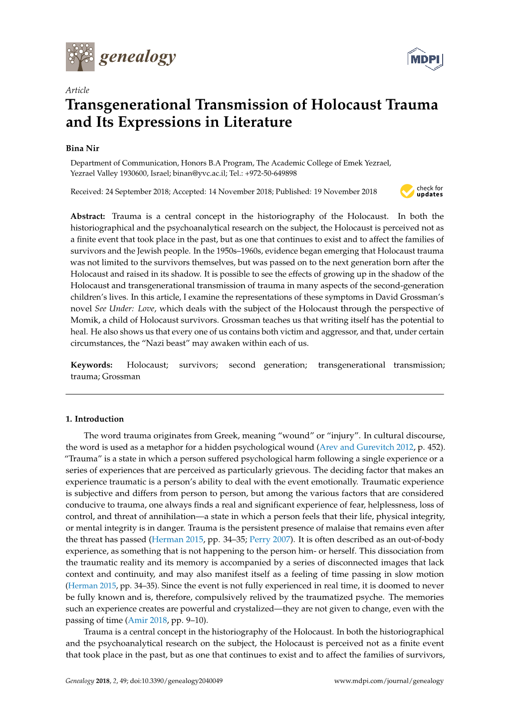 Transgenerational Transmission of Holocaust Trauma and Its Expressions in Literature