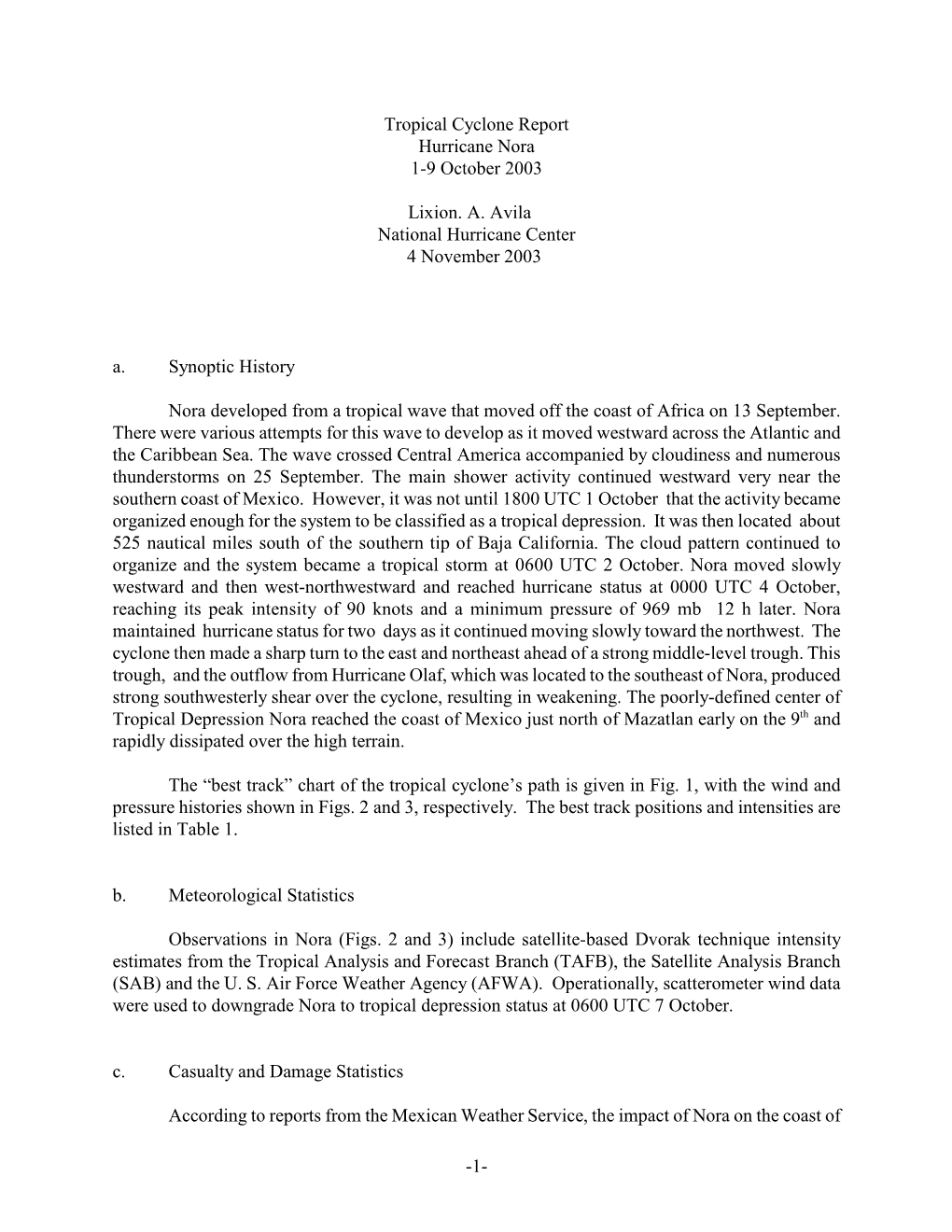 1- Tropical Cyclone Report Hurricane Nora 1-9 October 2003 Lixion. A