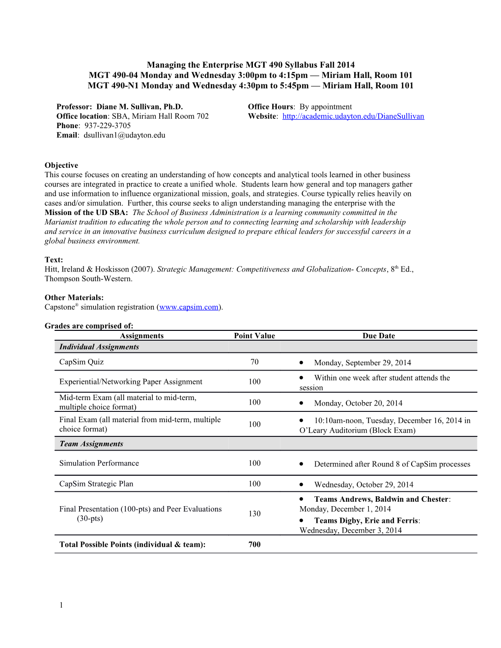 Managing the Enterprise MGT 490 Syllabus Fall 2014