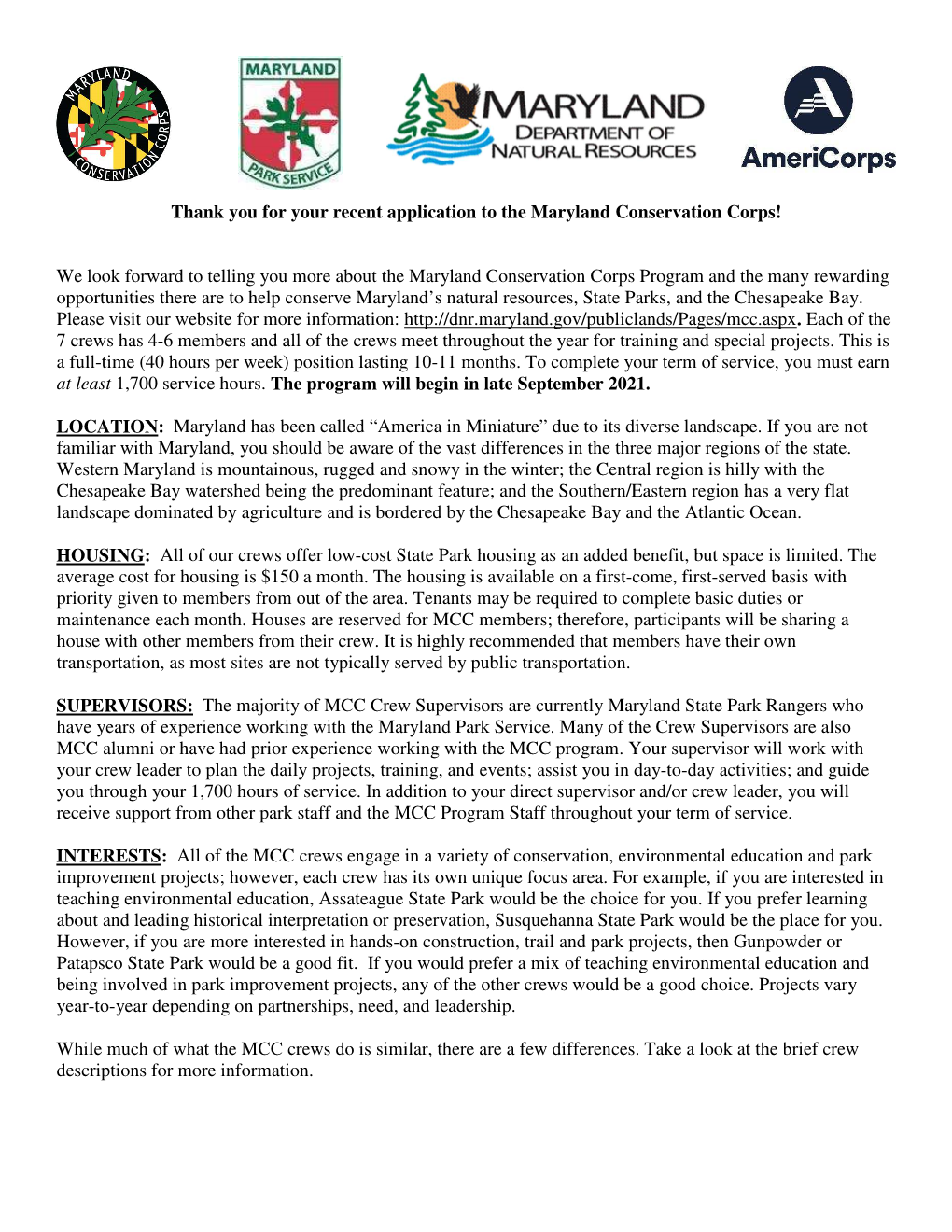 Download the Maryland Conservation Corps (MCC) Crew Descriptions