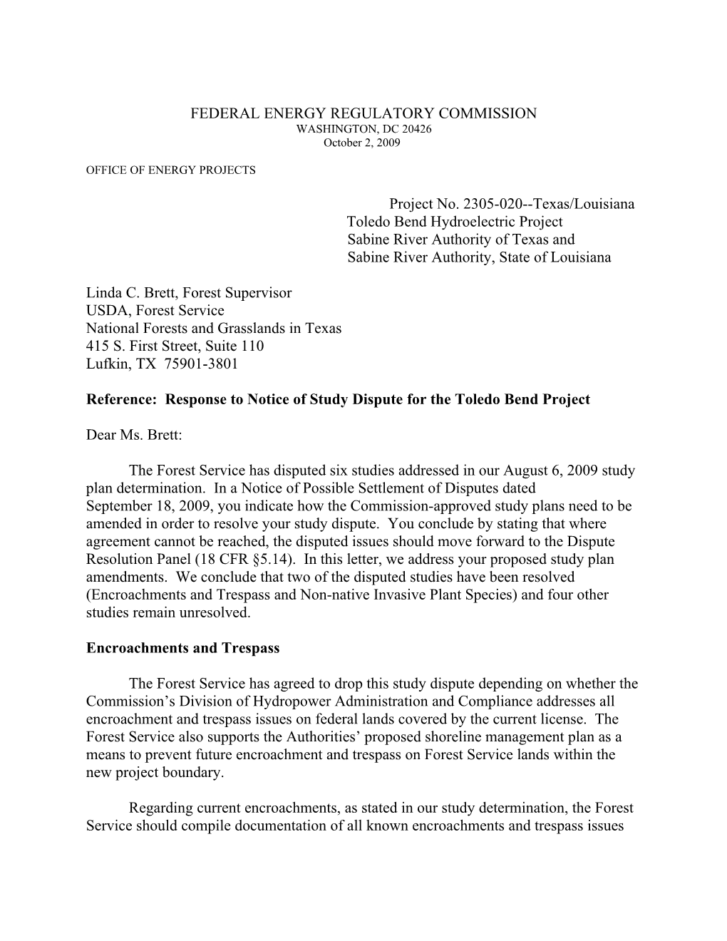 FERC Response to USFS Study Disputes