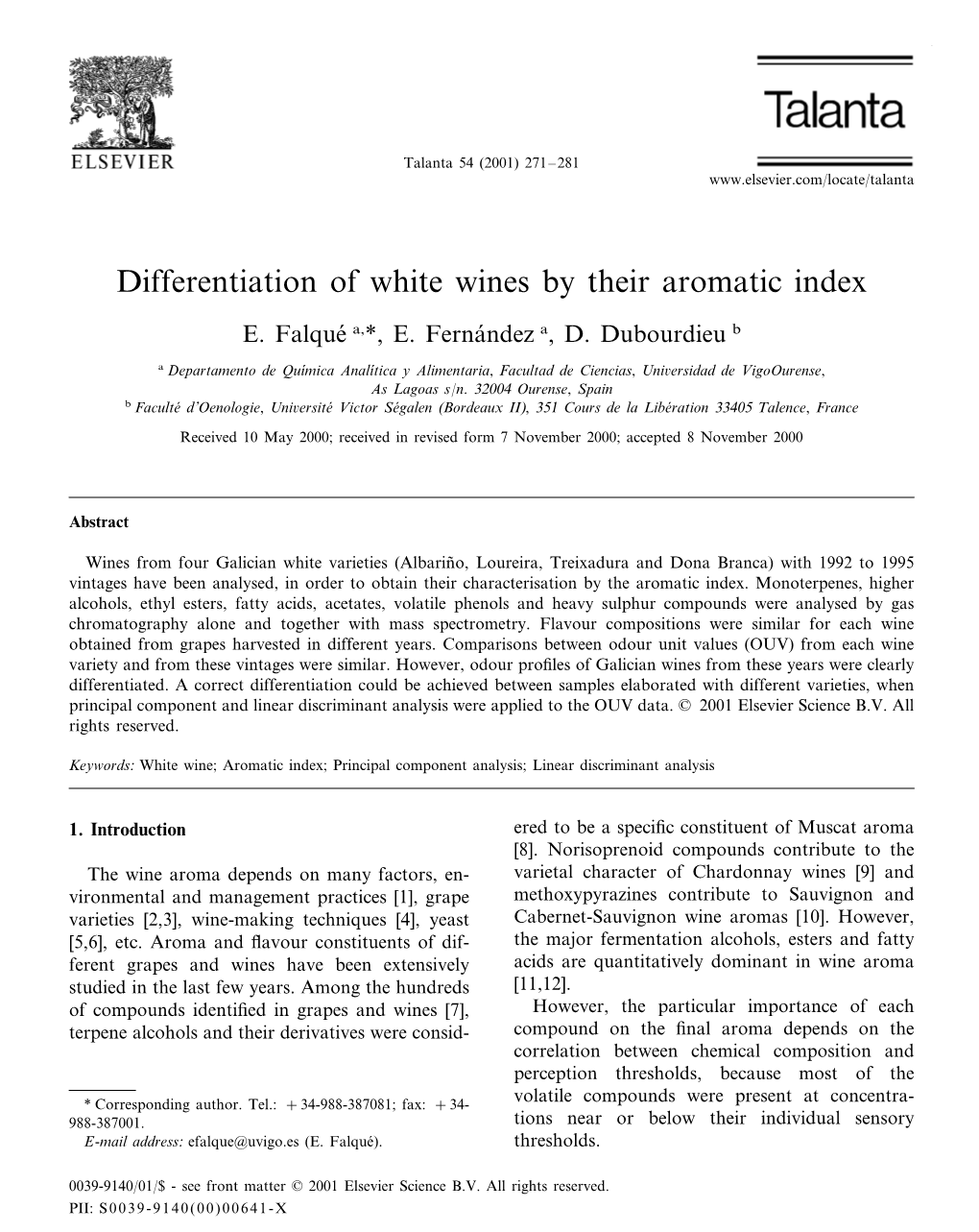 Differentiation of White Wines by Their Aromatic Index