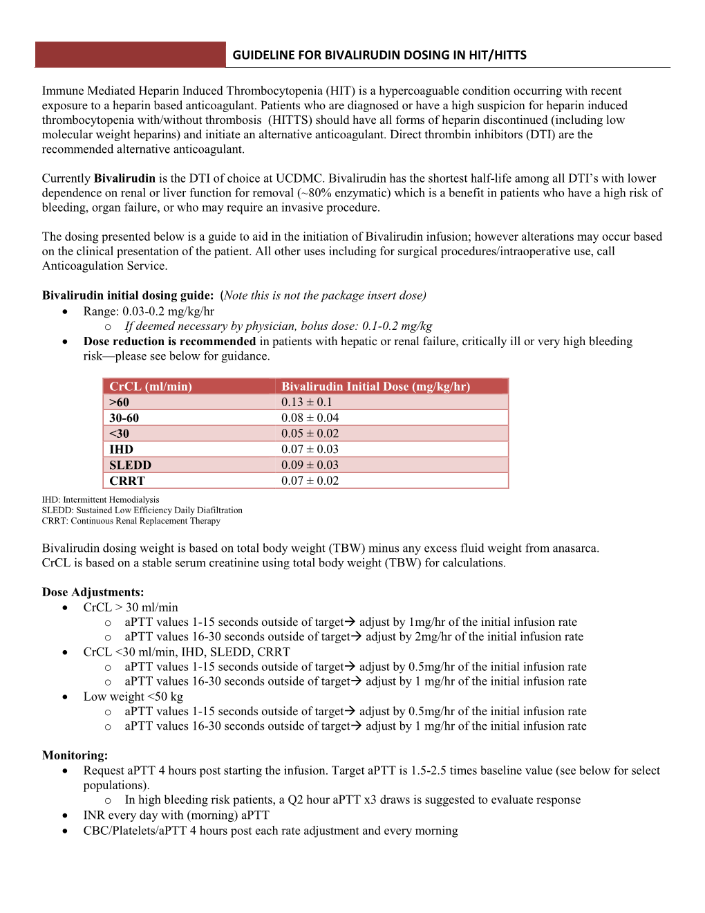 DRAFT Guideline for Bivalirudin Dosing in Hit/Hitts