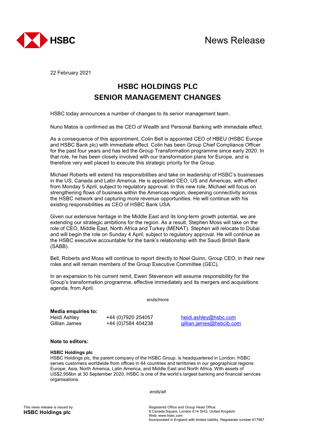 HSBC Holdings Plc Senior Management Changes