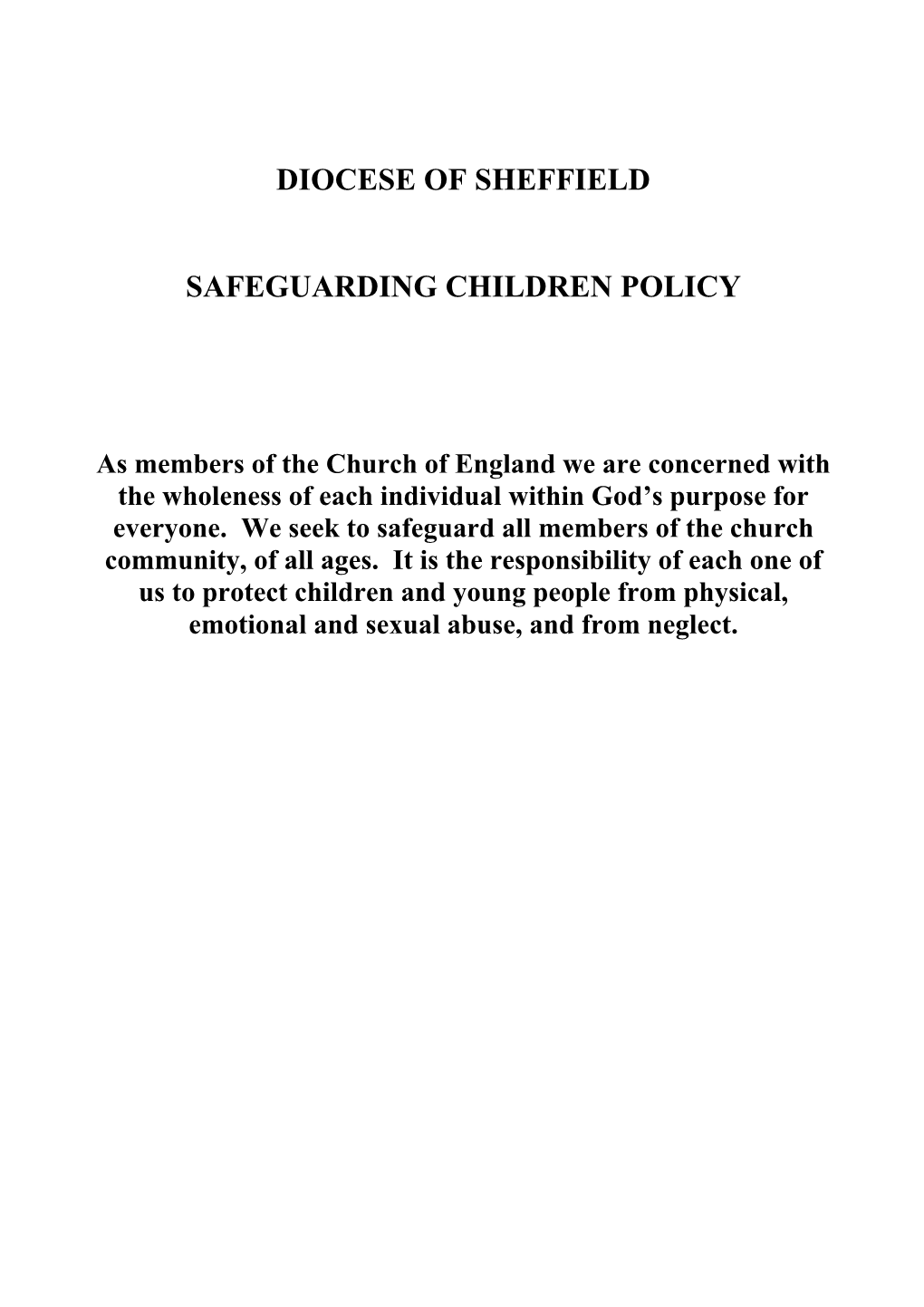 Diocese of Sheffield Safeguarding Children Policy and Guidelines