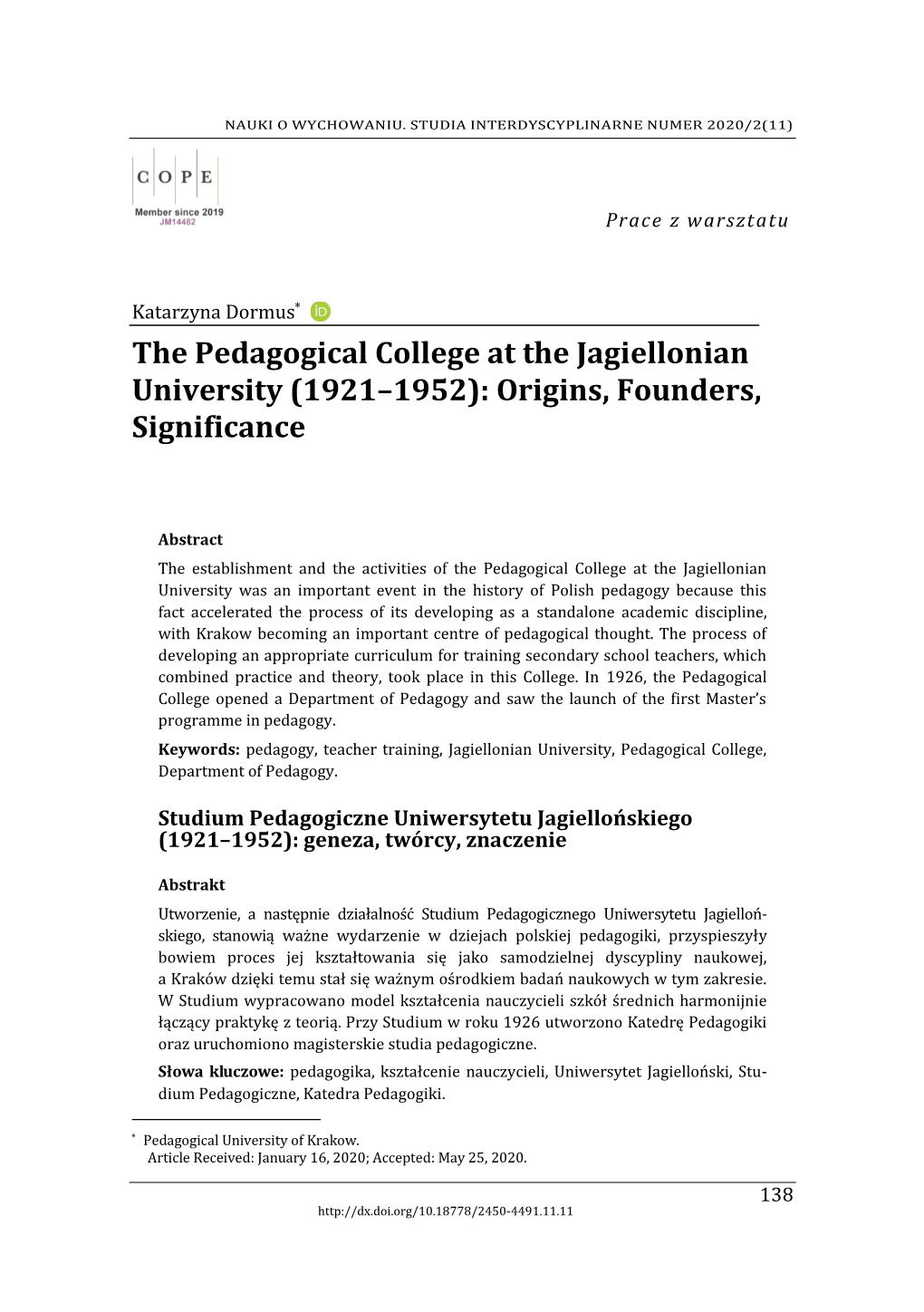 The Pedagogical College at the Jagiellonian University (1921–1952): Origins, Founders, Significance
