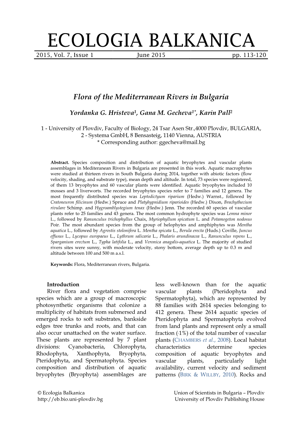 Flora of the Mediterranean Rivers in Bulgaria