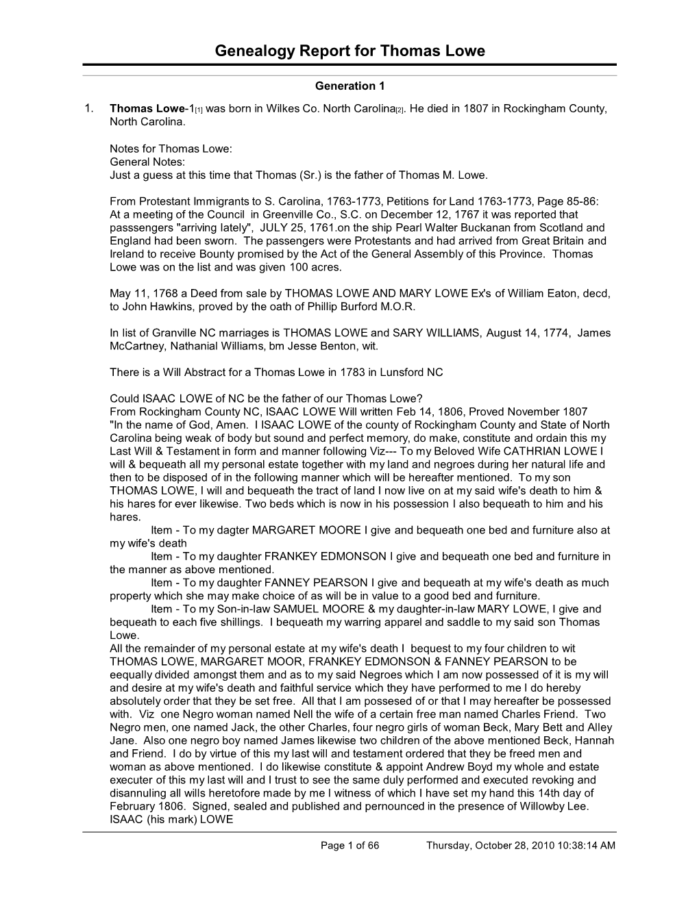 Genealogy Report for Thomas Lowe